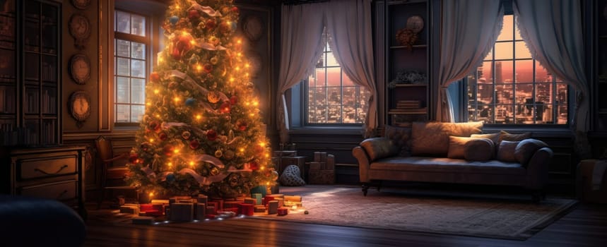 Decorated Christmas tree in a classic wooden interior. Evening or night