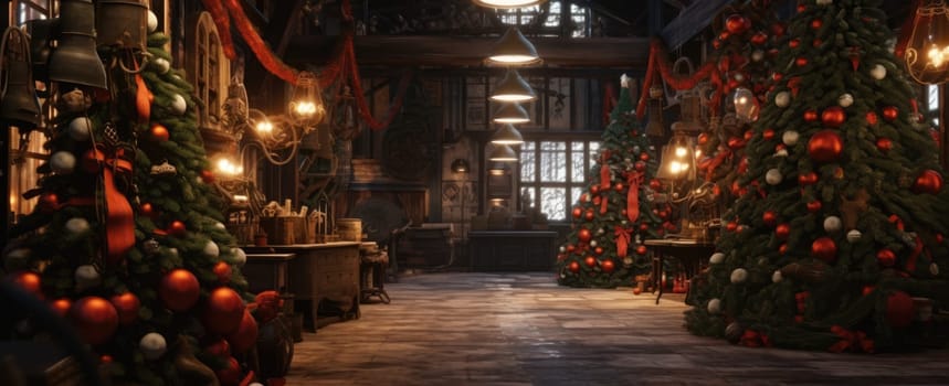 Decorated Christmas tree in a classic wooden interior. Evening or night