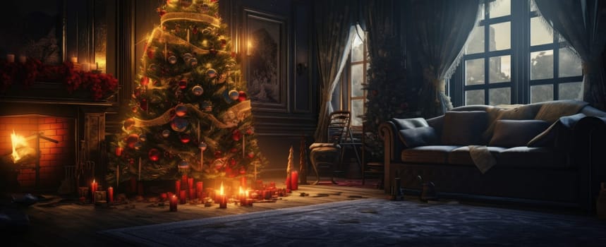 Decorated Christmas tree in a classic wooden interior. Evening or night