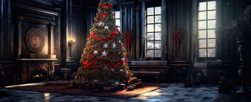 Decorated Christmas tree in a classic wooden interior. Evening or night