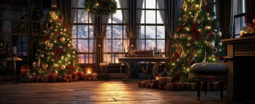 Decorated Christmas tree in a classic wooden interior. Evening or night