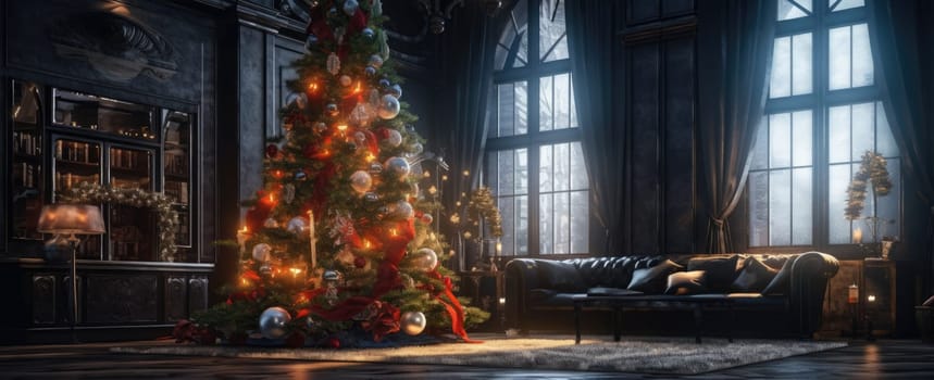 Decorated Christmas tree in a classic wooden interior. Evening or night