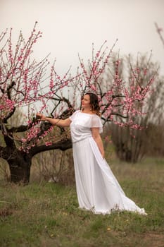 Woman peach blossom. Happy woman in white dress walking in the garden of blossoming peach trees in spring.