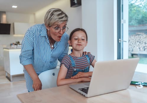 Mother with her daughter talking on laptop with family and friends while sitting in modern living room of big house.