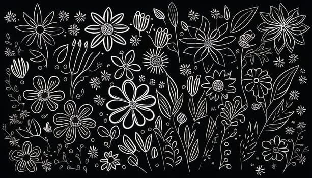 Black and white floral pattern with leaves, flower bouquets. White flowers and black background. Romantic background.