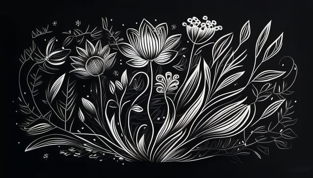 Black and white floral pattern with leaves, flower bouquets. White flowers and black background. Romantic background.