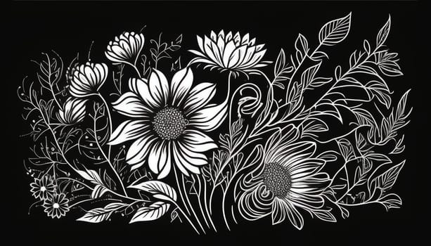 Black and white floral pattern with leaves, flower bouquets. White flowers and black background. Romantic background.