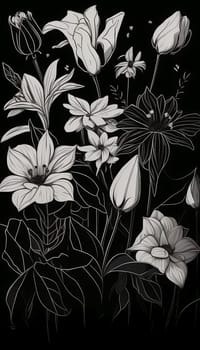 Black and white floral pattern with leaves, flower bouquets. White flowers and black background. Romantic background.