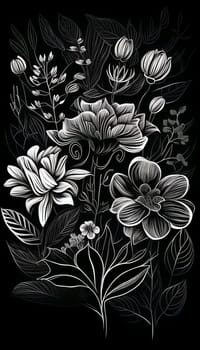 Black and white floral pattern with leaves, flower bouquets. White flowers and black background. Romantic background.