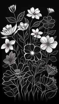 Black and white floral pattern with leaves, flower bouquets. White flowers and black background. Romantic background.