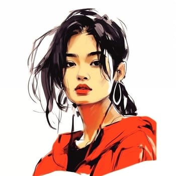 Illustration: portrait of a young beautiful Asian woman. Fashion portrait of a girl drawn with watercolors and markers. Generative AI