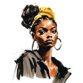 Illustration: expressive portrait of a young beautiful black woman. Fashion portrait of a girl drawn with watercolors and markers. Generative AI