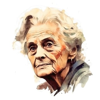 Illustration: portrait of an old wrinkled woman with gray hair. Portrait of an old lady drawn with watercolors and markers. Generative AI