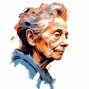 Illustration: portrait of an old wrinkled woman with gray hair. Portrait of an old lady drawn with watercolors and markers. Generative AI