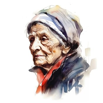 Illustration: portrait of an old wrinkled woman with gray hair. Portrait of an old lady drawn with watercolors and markers. Generative AI