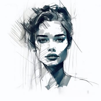 Illustration: expressive portrait of a young beautiful woman. Fashion portrait of a girl drawn with watercolors and markers. Generative AI