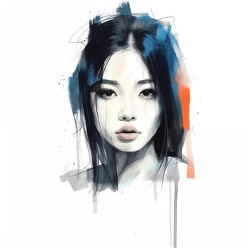 Illustration: portrait of a young beautiful Asian woman. Fashion portrait of a girl drawn with watercolors and markers. Generative AI