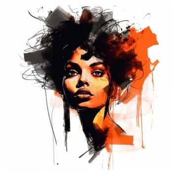 Illustration: expressive portrait of a young beautiful black woman. Fashion portrait of a girl drawn with watercolors and markers. Generative AI