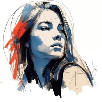 Illustration: expressive portrait of a young beautiful woman. Fashion portrait of a girl drawn with watercolors and markers. Generative AI