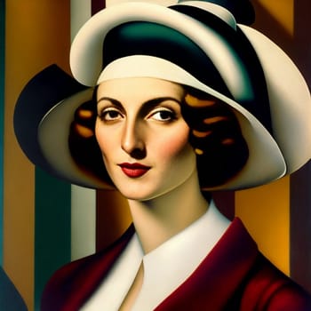 This striking portrait captures the sultry allure of an Art Deco femme fatale, evoking the glamour and mystery of a bygone era. The woman, wearing a stylish hat, gazes out with mesmerizing eyes, her features rendered with precise lines and bold colors in the unmistakable style of Tamara de Lempicka. AI technology has created a stunning and unique artwork that merges the past and present, blurring the line between reality and fantasy.