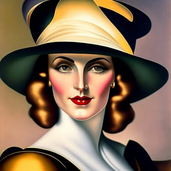 This AI-generated abstract portrait captures the essence of a strong and seductive woman. The subject wears a stylish hat and is portrayed in the iconic style of Tamara de Lempicka. The composition is both bold and graceful, with sharp angles and smooth curves creating a sense of movement and power. The artist's use of color is striking, with deep reds, blacks, and blues creating a sense of passion and intrigue. The subject's expression is confident and alluring, drawing the viewer into her world of fantasy and emotion. This artwork is a stunning example of contemporary creativity and conceptual intelligence.