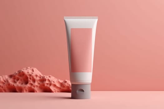 Moisturiser pink hand cosmetic cream white plastic tube mockup front view. Hand cream bottle on pink backdrop. AI Generative