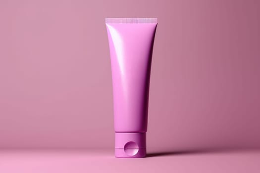 Moisturiser pink hand cosmetic cream white plastic tube mockup front view. Hand cream bottle on pink backdrop. AI Generative