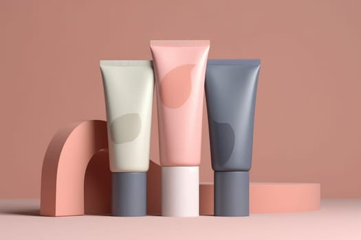 Moisturiser pink hand cosmetic cream white plastic tubes mockup front view. Hand cream bottle on pink backdrop. AI Generative