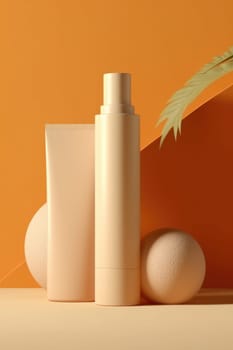 cosmetic cream yellow plastic tube mockup front view on summer beach background. AI Generative