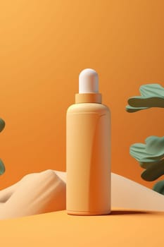 cosmetic cream yellow plastic dropper bottle mockup front view on summer beach background. AI Generative