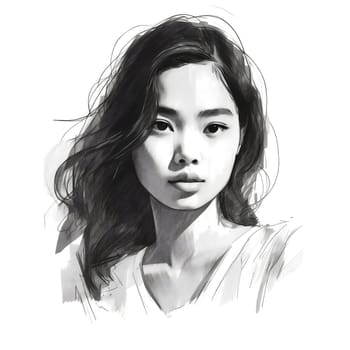 Illustration: portrait of a young beautiful Asian woman. Black and white fashion portrait of a girl drawn with pencils and markers. Generative AI