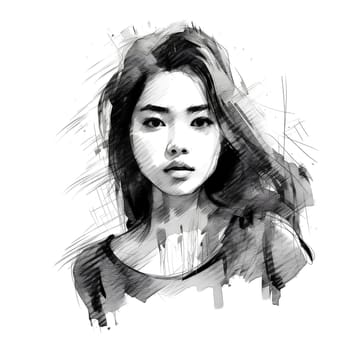 Illustration: portrait of a young beautiful Asian woman. Black and white fashion portrait of a girl drawn with pencils and markers. Generative AI