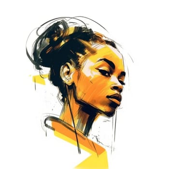 Illustration: expressive portrait of a young beautiful black woman. Fashion portrait of a girl drawn with watercolors and markers. Generative AI