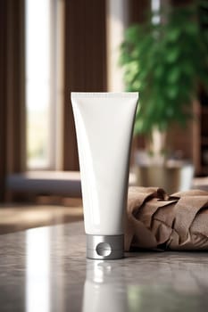 Moisturiser hand cosmetic cream white plastic tube mockup front view. Hand cream bottle. AI Generative