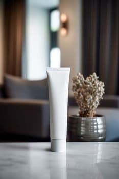 Moisturiser hand cosmetic cream white plastic tube mockup front view. Hand cream bottle. AI Generative