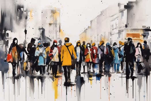 Watercolor illustration: panorama of city street with people walking, Crowd of people. Meeting on the street. Generative ai.