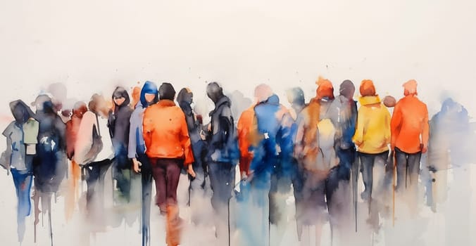 Watercolor illustration: panorama of city street with people walking, Crowd of people. Meeting on the street. Generative ai.