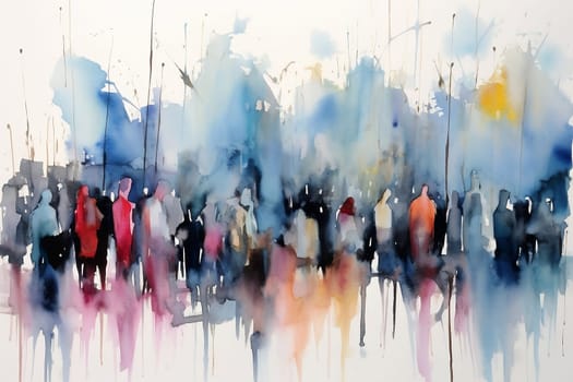 Watercolor illustration: panorama of city street with people walking, Crowd of people. Meeting on the street. Generative ai.