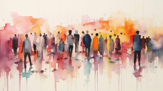 Watercolor illustration: panorama of city street with people walking, Crowd of people. Meeting on the street. Generative ai.