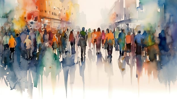 Watercolor illustration: panorama of city street with people walking, Crowd of people. Meeting on the street. Generative ai.