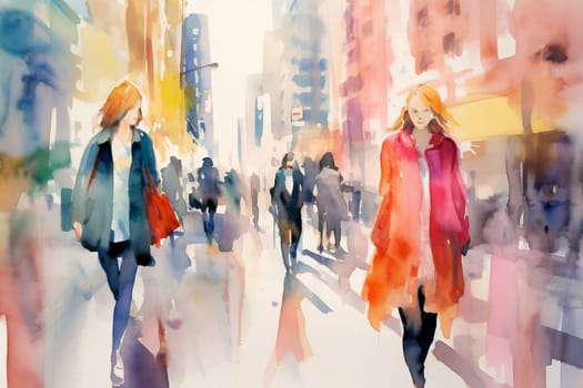 Watercolor illustration: panorama of city street with people walking, Crowd of people. Generative ai.