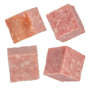 Smoked sausage isolate cut into squares. Salami sausage cubes on a white isolated background. For inserting into a design, project or product label creation