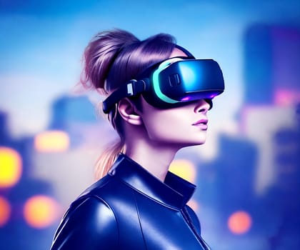 Woman portrait wearing VR glasses, city on background . AI Generative