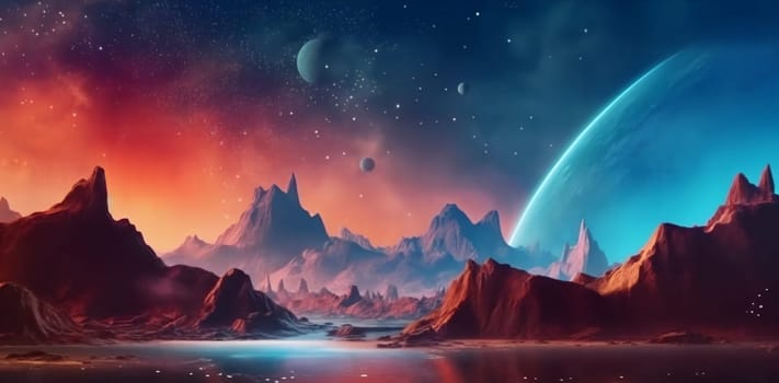 Fantasy planet with lake on foreground, mountains and night sky with stars and planets on background . AI Generative