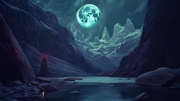 Fantasy planet with lake on foreground, mountains and night sky with stars and planets on background . AI Generative