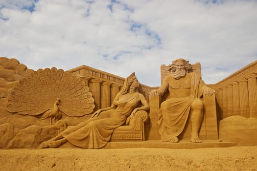 Sondervig, Denmark, May 21, 2023: International Sand Sculpture Festival. Zeus and Hera