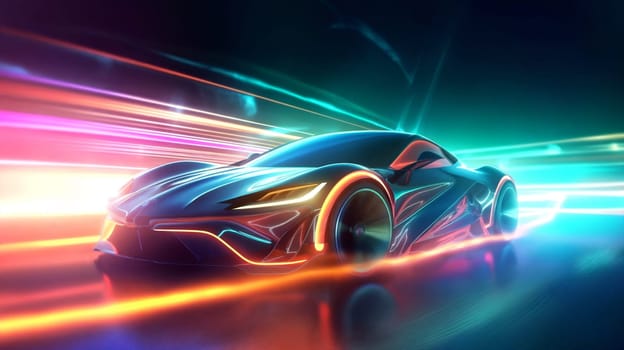 Futuristic fantasy car on highway with neon light. AI Generative