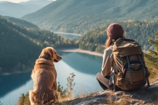 Active people in nature concept. portrait of woman and her dog enjoying hiking. AI Generative