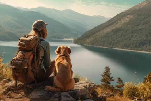 Active people in nature concept. portrait of woman and her dog enjoying hiking. AI Generative