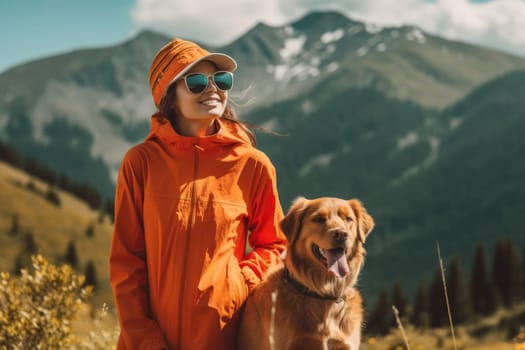 Active people in nature concept. portrait of woman and her dog enjoying hiking. AI Generative